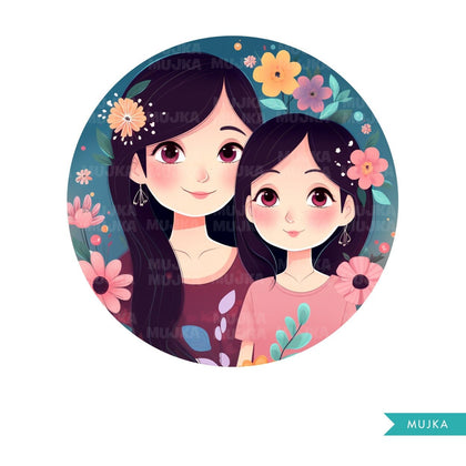 Mothers Day Png, Latina Mother's Day art, Mother and Daughter clipart, chibi png, mom sublimation design, planner stickers, Mommy and me Png