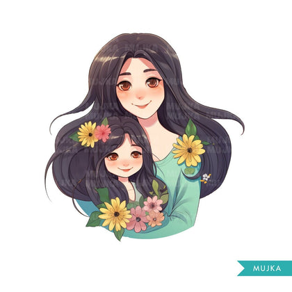 Mothers Day Png, Latina Mother's Day art, Mother and Daughter clipart, chibi png, mom sublimation design, planner stickers, Mommy and me Png