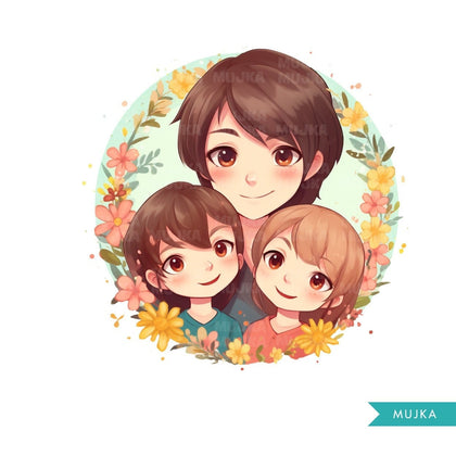 Mothers Day Png, Cute Mother's Day art, Mother and twins clipart, chibi png, mom sublimation design, planner stickers, Mommy and me Png