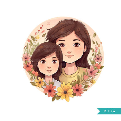 Mothers Day Png, Cute Mother's Day art, Mother and daughter clipart, chibi png, mom sublimation design, planner stickers, Mommy and me Png