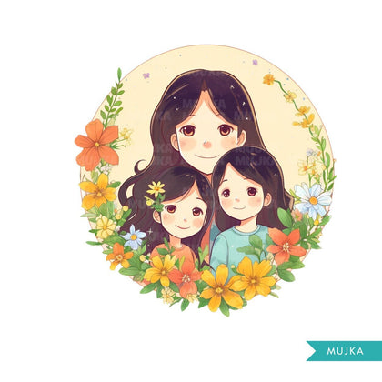 Mothers Day Png, Cute Mother's Day art, Mother and twins clipart, chibi png, mom sublimation design, planner stickers, Mommy and me Png