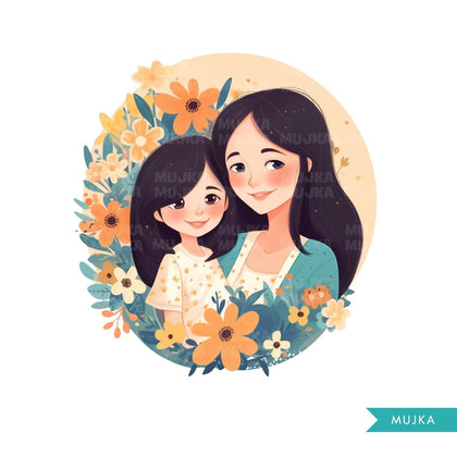 Mothers Day Png, Asian Mother's Day art, Mother and daughter clipart, chibi png, mom sublimation design, planner stickers, Mommy and me Png