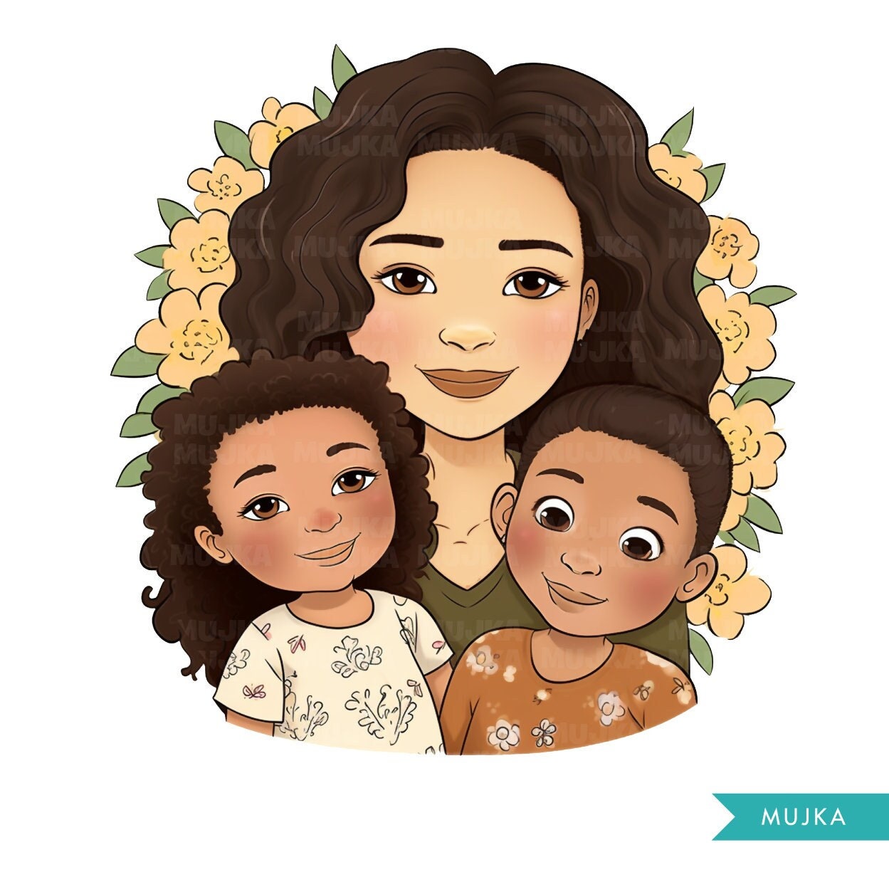 Mothers Day Png, Biracial Mother's Day art, Mother son daughter png, chibi png, mom sublimation design, planner stickers, Mommy and me Png