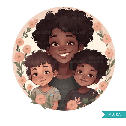 Mothers Day Png, Black Mother's Day art, Mother and sons clipart, chibi png, mom sublimation design, planner stickers, Mommy and me Png