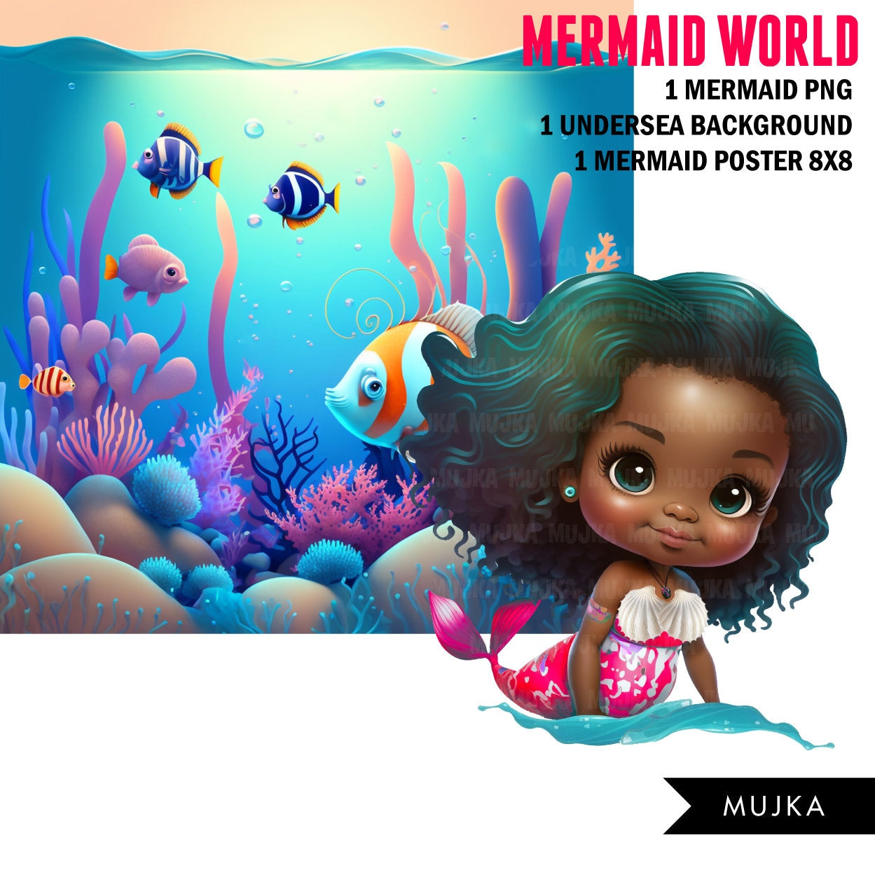 Latina Mermaid png, wall art, printable mermaid decor, sublimation design, cute mermaid, undersea watercolor clipart, mermaid background png, little mermaid latina girl