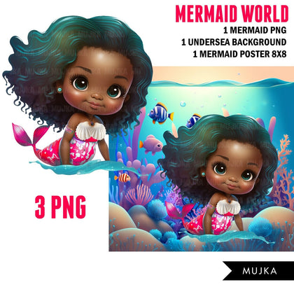 Latina Mermaid png, wall art, printable mermaid decor, sublimation design, cute mermaid, undersea watercolor clipart, mermaid background png, little mermaid latina girl