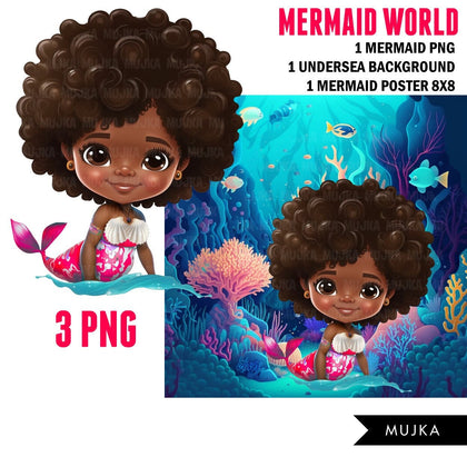 Black Mermaid png, wall art, printable mermaid decor, sublimation designs, cute mermaid, undersea watercolor clipart, mermaid background png, black girl nursery art