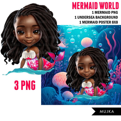 Black Mermaid png, wall art, printable mermaid decor, sublimation designs, cute mermaid, undersea watercolor clipart, mermaid background png, little mermaid black girl