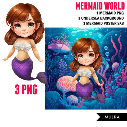 Little Mermaid png, wall art, printable mermaid decor, sublimation design, cute mermaid, undersea watercolor clipart, mermaid background png