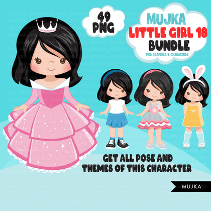 Cute girl png Bundle, dark brunette little girl art, little girl digital stickers, birthday graphics, cute girl bundle, planner stickers