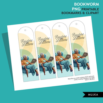 Bookworm png, Printable Bookmarks, Senior Black woman reading png, Bookworm clipart, reading clipart, elder woman png, brown girl stickers
