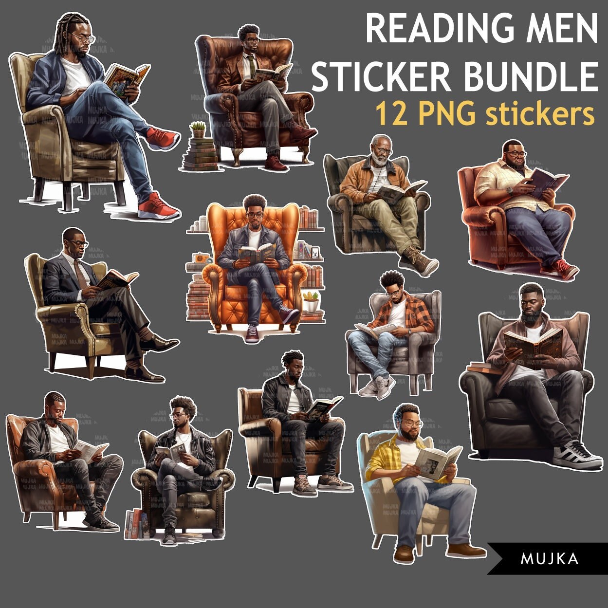 Fathers Day Bundle PNG, Black Man digital Stickers, reading man clipart Bundle, black man art, sublimation designs, dad gifts, dad stickers, bookworm png