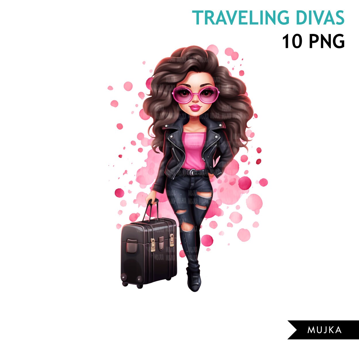 Travel clipart, traveling woman png, pink polka dot, diva png, vacation bundle, fashion sublimation designs, watercolor planner stickers