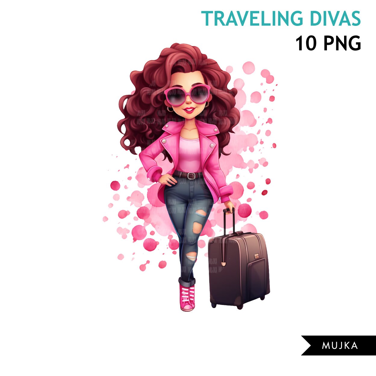 Travel clipart, traveling woman png, pink polka dot, diva png, vacation bundle, fashion sublimation designs, watercolor planner stickers
