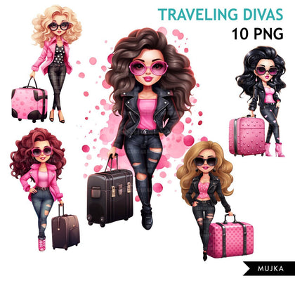 Travel clipart, traveling woman png, pink polka dot, diva png, vacation bundle, fashion sublimation designs, watercolor planner stickers