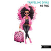Travel clipart, traveling Black woman png, pink polka dot, diva png, vacation bundle, sublimation designs, watercolor planner stickers, afro
