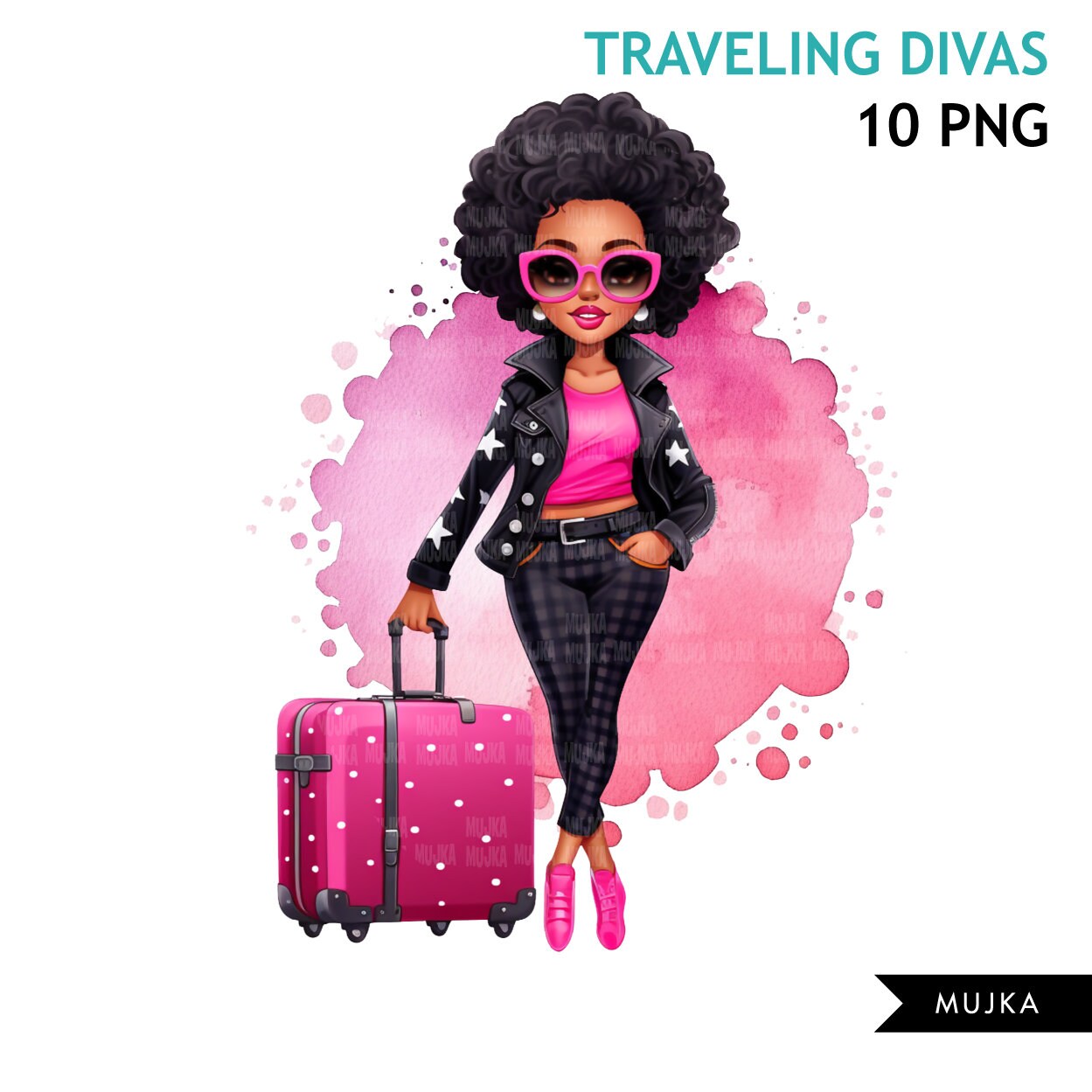 Travel clipart, traveling Black woman png, pink polka dot, diva png, vacation bundle, sublimation designs, watercolor planner stickers, afro