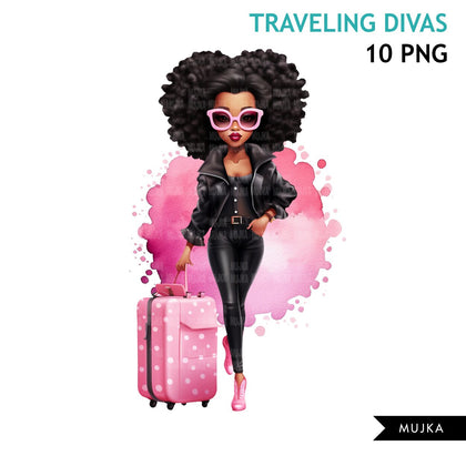 Travel clipart, traveling Black woman png, pink polka dot, diva png, vacation bundle, sublimation designs, watercolor planner stickers, afro