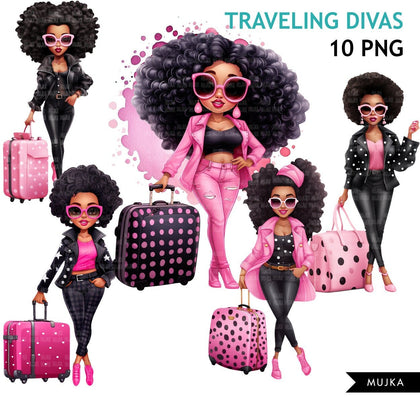 Travel clipart, traveling Black woman png, pink polka dot, diva png, vacation bundle, sublimation designs, watercolor planner stickers, afro