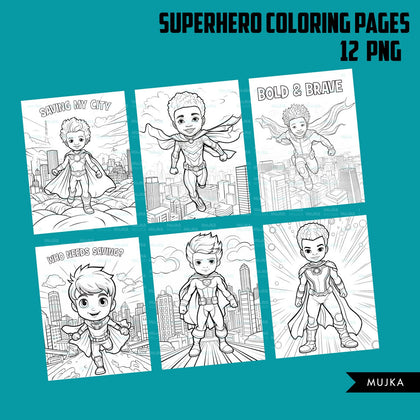 Superhero Coloring Pages, Printable coloring book for boys, Kids Coloring Book, Superhero birthday, instant download PNG black and white