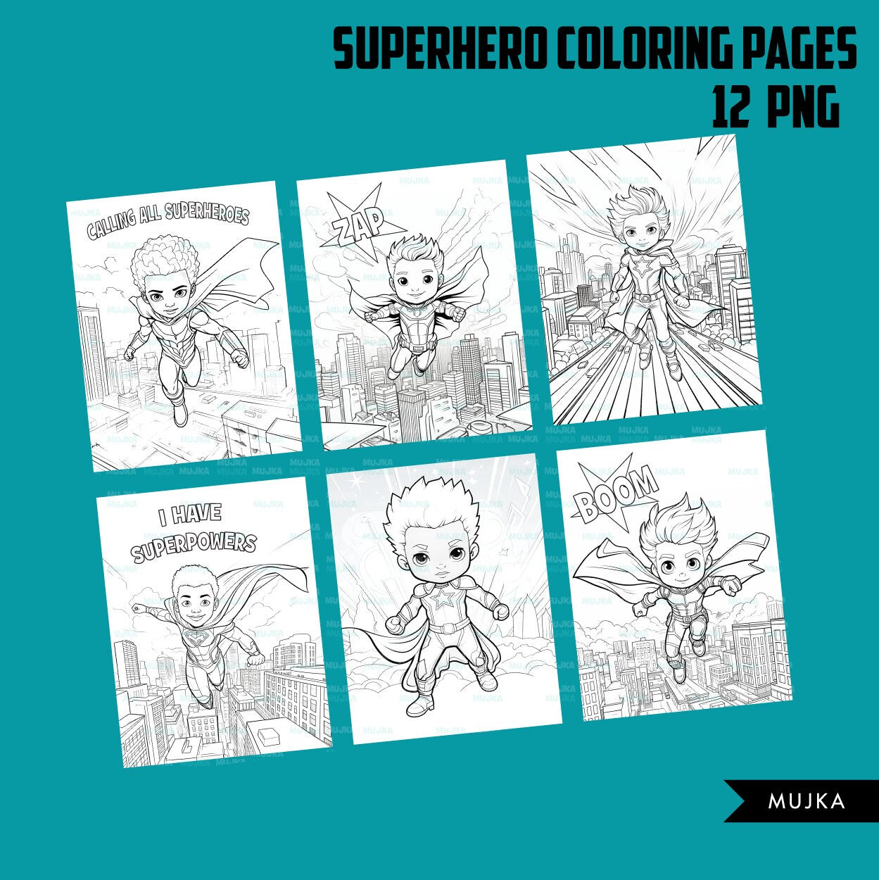 Superhero Coloring Pages, Printable coloring book for boys, Kids Coloring Book, Superhero birthday, instant download PNG black and white