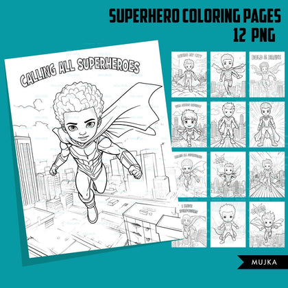 Superhero Coloring Pages, Printable coloring book for boys, Kids Coloring Book, Superhero birthday, instant download PNG black and white