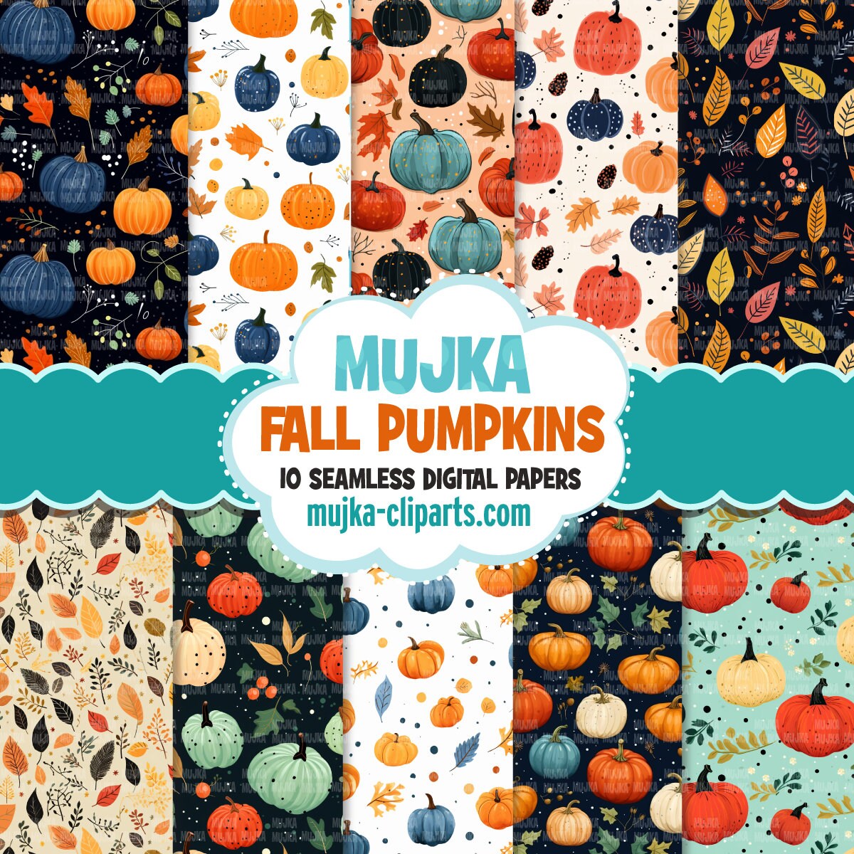 Fall Digital papers, pumpkin seamless patterns, autumn leaves printable pattern, digital background, fall pumpkins png, fall background