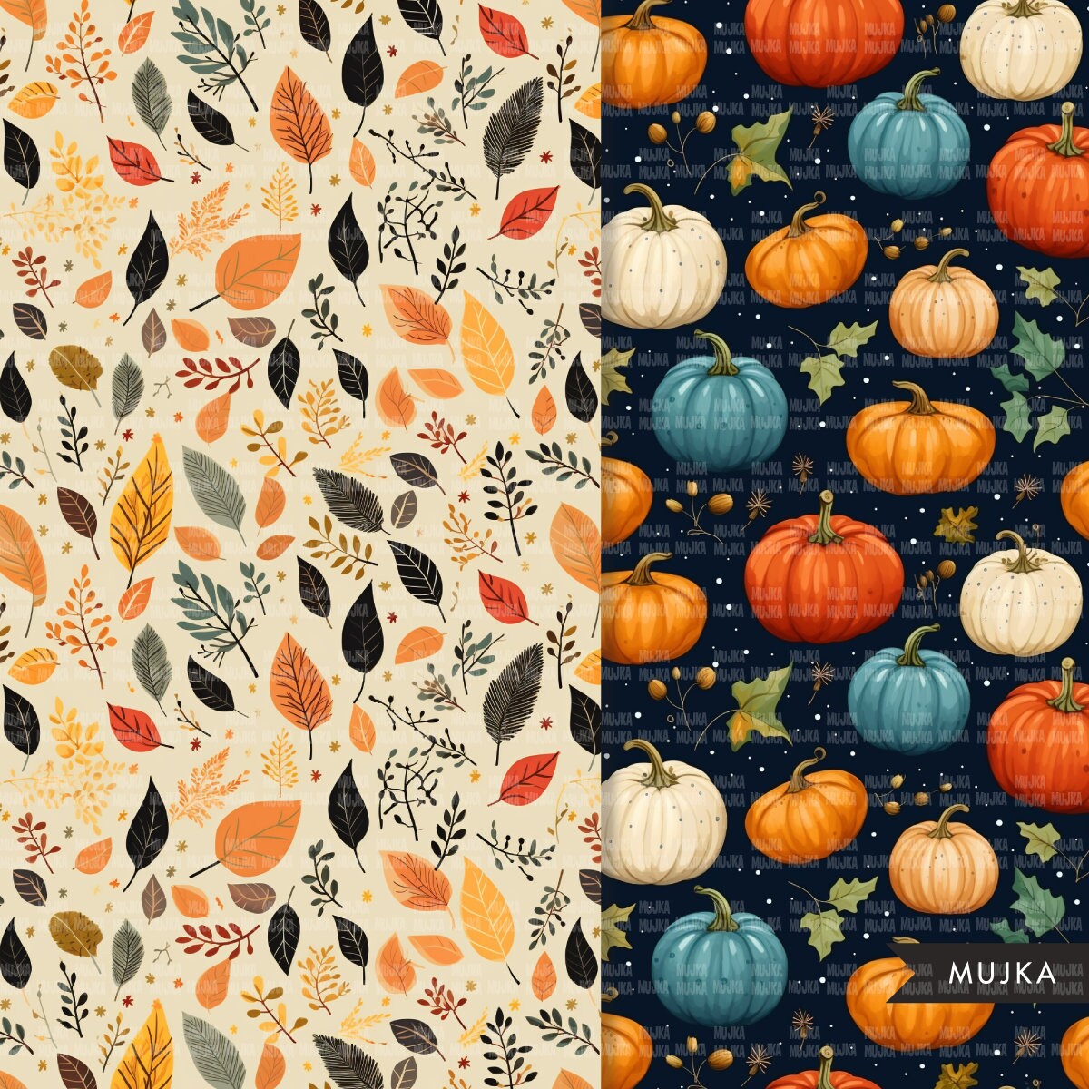Papeles digitales de otoño, patrones sin costuras de calabaza, patrón imprimible de hojas de otoño, fondo digital, calabazas de otoño png, fondo de otoño