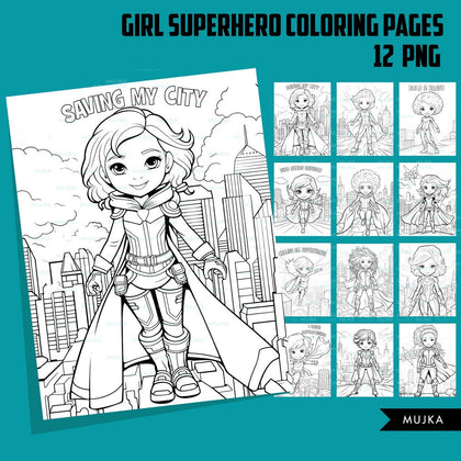 Superhero Coloring Pages, Printable coloring book for girls, Kids Coloring Book, Superhero birthday, instant download PNG black and white
