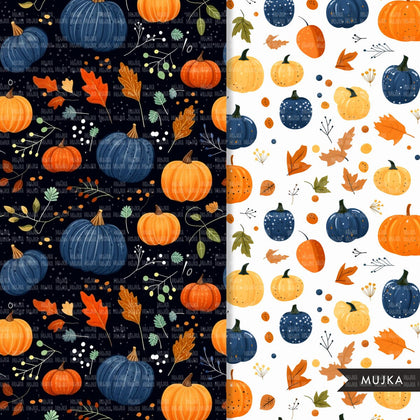 Fall Digital papers, pumpkin seamless patterns, autumn leaves printable pattern, digital background, fall pumpkins png, fall background