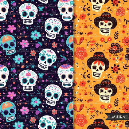 Sugar Skull Digital papers, Cute seamless Halloween patterns, printable pattern, digital background, cute day of the dead skulls backdrop