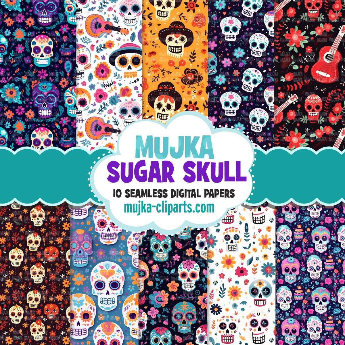 Papeles digitales Sugar Skull, lindos patrones de Halloween sin costuras, patrón imprimible, fondo digital, lindo día de los cráneos muertos telón de fondo