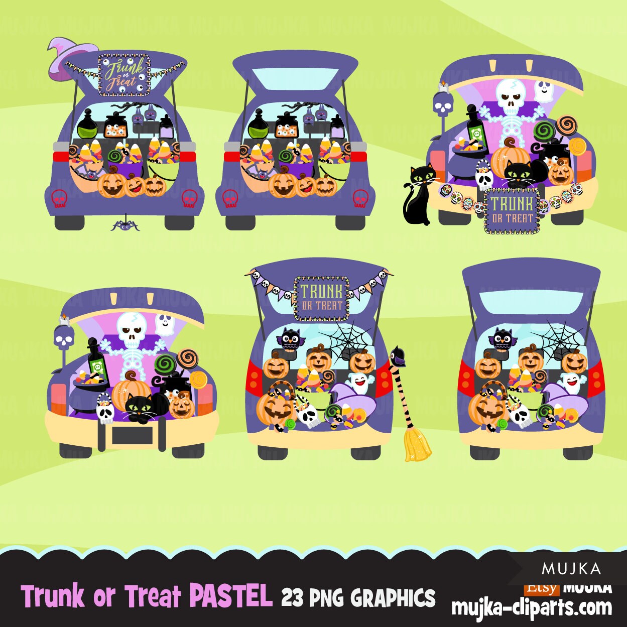 Trunk or treat clipart, Baby Halloween png, cute Halloween sublimation designs, Pastel Halloween graphics, skull jack-o-lantern, spiders png