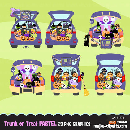 Trunk or treat clipart, Baby Halloween png, cute Halloween sublimation designs, Pastel Halloween graphics, skull jack-o-lantern, spiders png