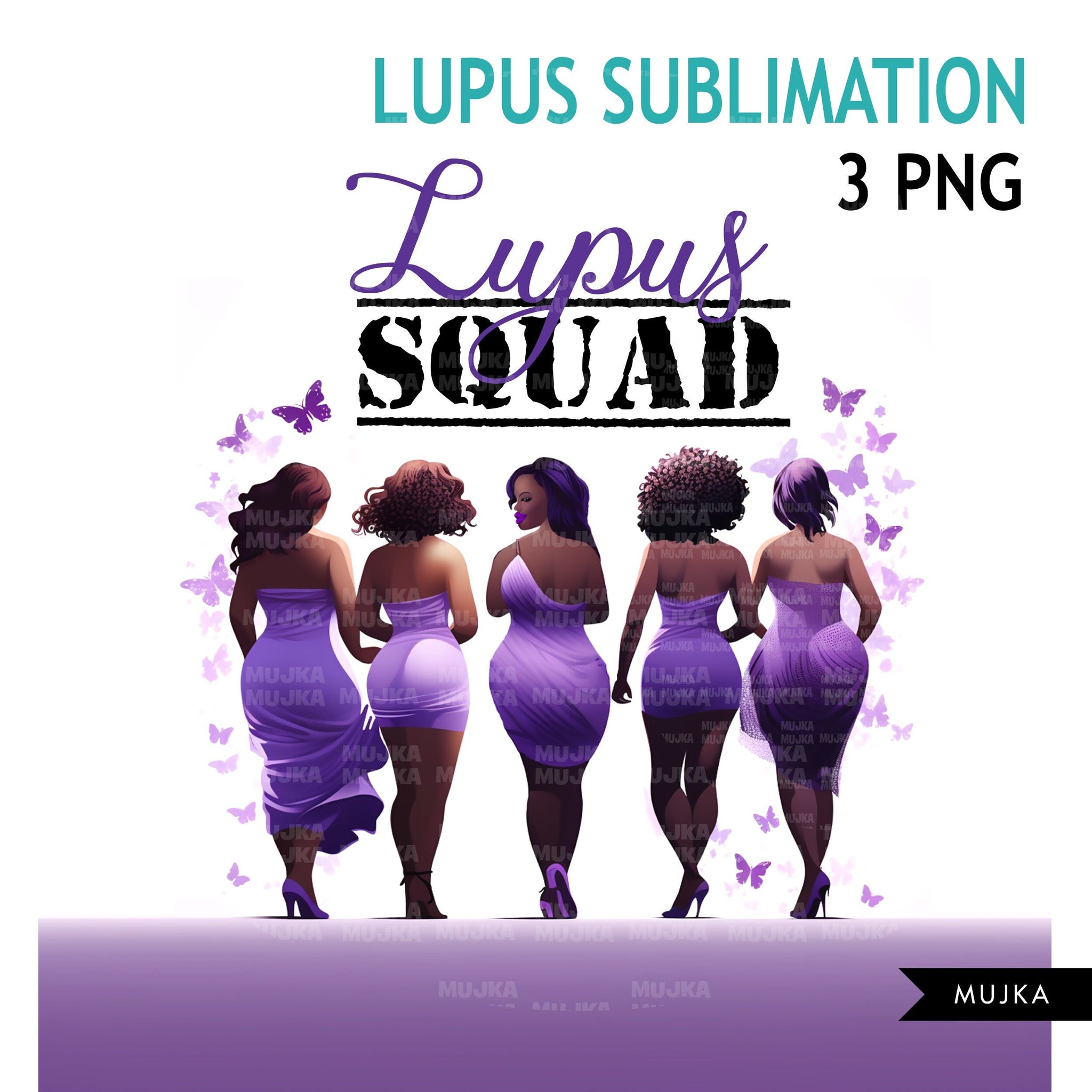 Lupus Awareness PNG, Lupus Squad sublimation, purple ribbon survivor graphics, black women, ethnic women, lupus butterfly clipart