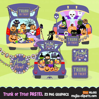 Trunk or treat clipart, Baby Halloween png, cute Halloween sublimation designs, Pastel Halloween graphics, skull jack-o-lantern, spiders png