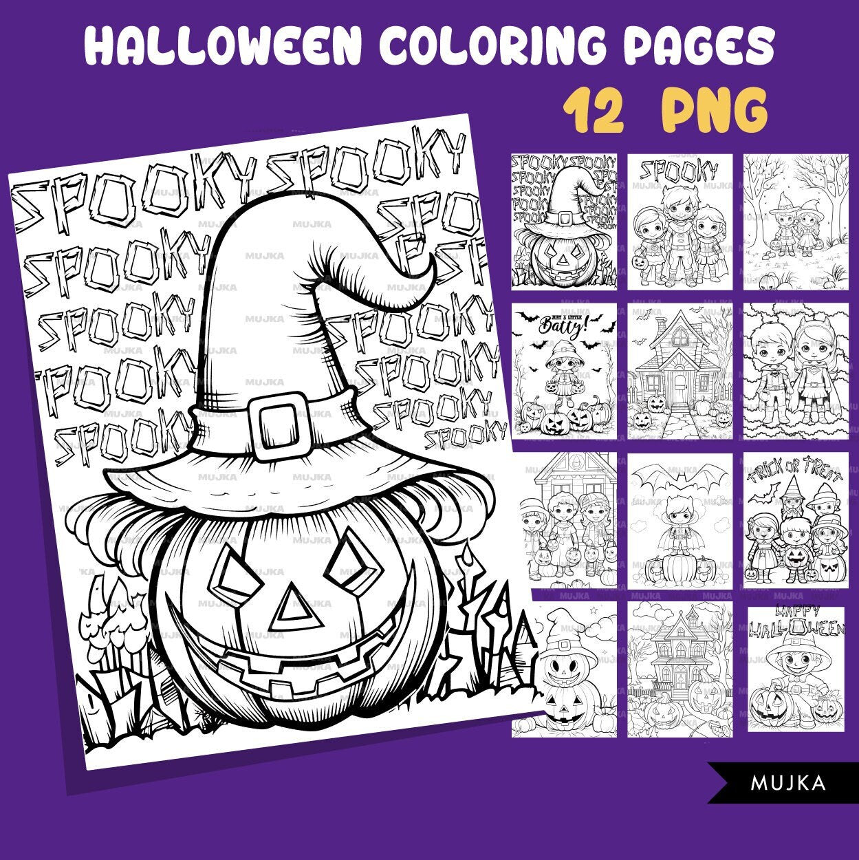 Páginas para colorear de Halloween, Libro para colorear digital imprimible para niños, descarga instantánea PNG en blanco y negro, Png de Halloween, arte de esquema para niños y niñas