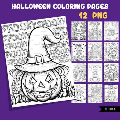 Halloween Coloring Pages, Printable  digital coloring book for kids, instant download PNG black and white, Halloween Png, outline art for boys and girls