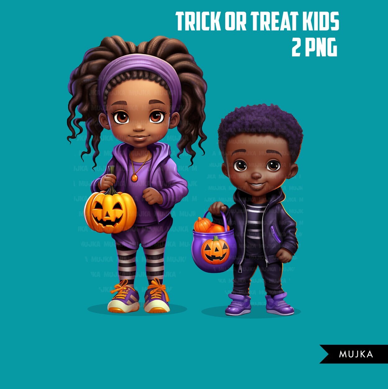 Trick or treat png, Black boy and melanin girl clipart, Cute Halloween children digital download, sublimation design, Jacko lantern siblings