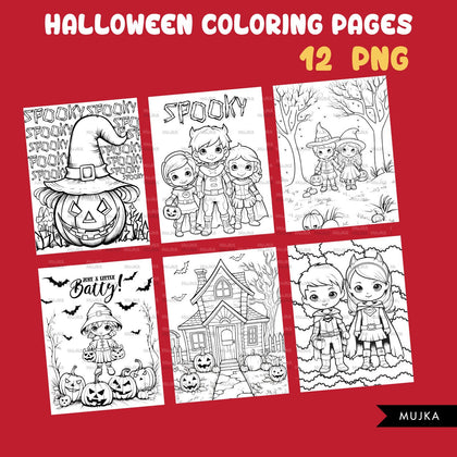 Halloween Coloring Pages, Printable  digital coloring book for kids, instant download PNG black and white, Halloween Png, outline art for boys and girls