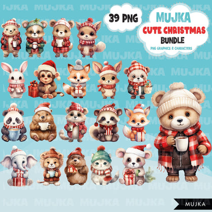 Watercolor Christmas Animals Png Bundle, Cute Noel Designs, Reindeer, fox, bear, elephant, pig, coffee, Santa woodland animals clipart