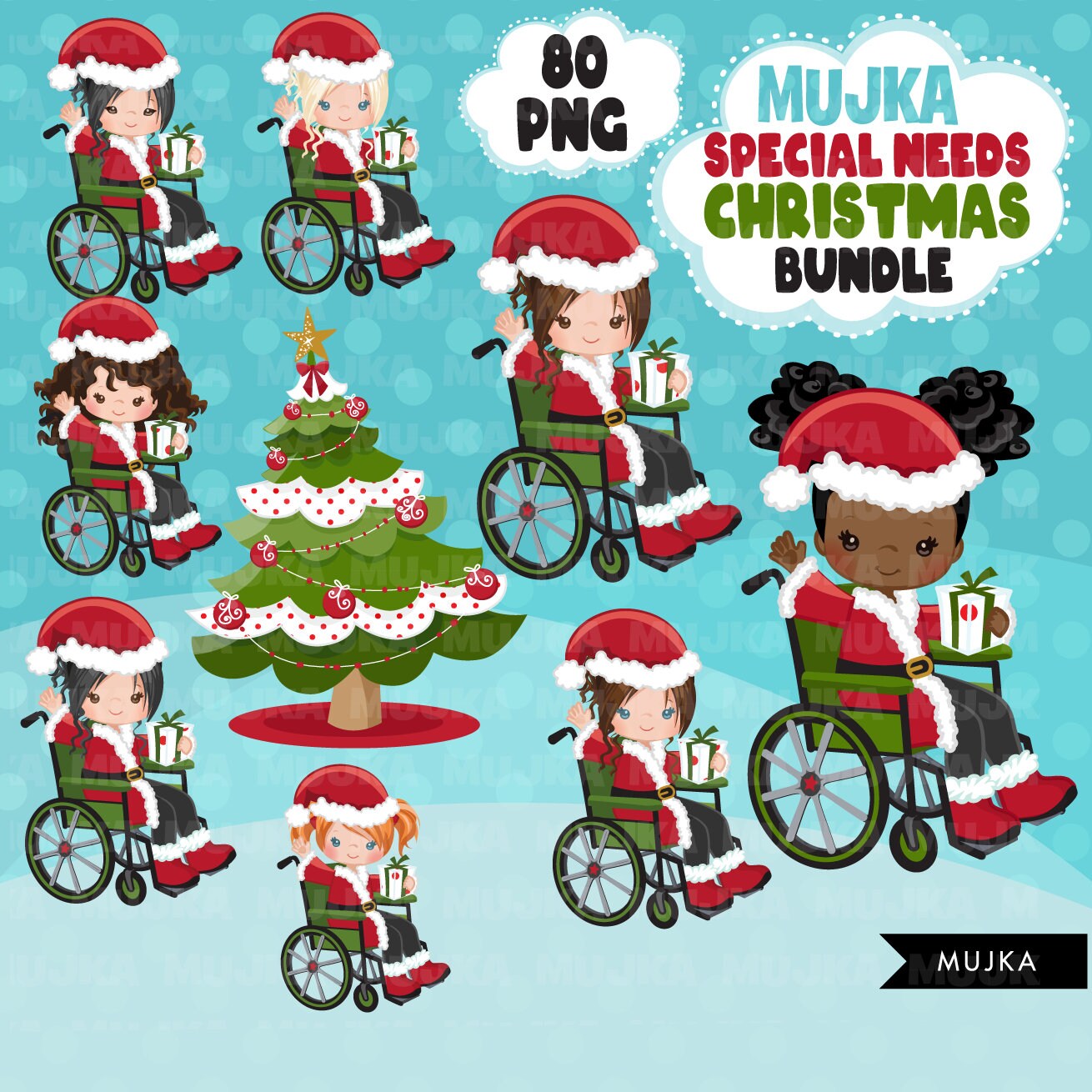 Christmas Santa wheelchair kids Png Bundle, Christmas elves clipart, Special Needs planner stickers, Christmas Clipart, Noel Boys and girls