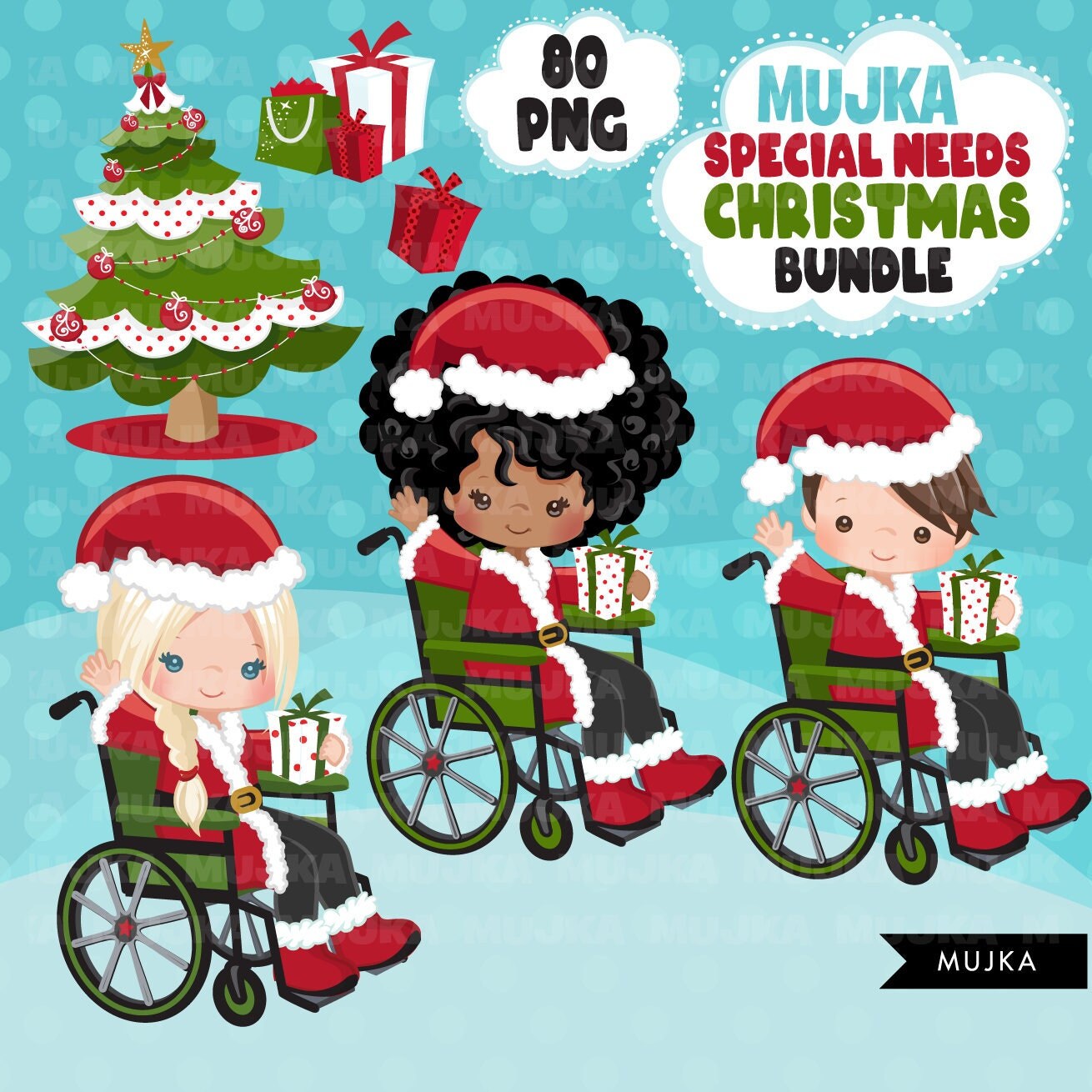 Navidad Santa silla de ruedas niños Png Bundle, imágenes prediseñadas de elfos de Navidad, pegatinas del planificador de necesidades especiales, imágenes prediseñadas de Navidad, Noel niños y niñas
