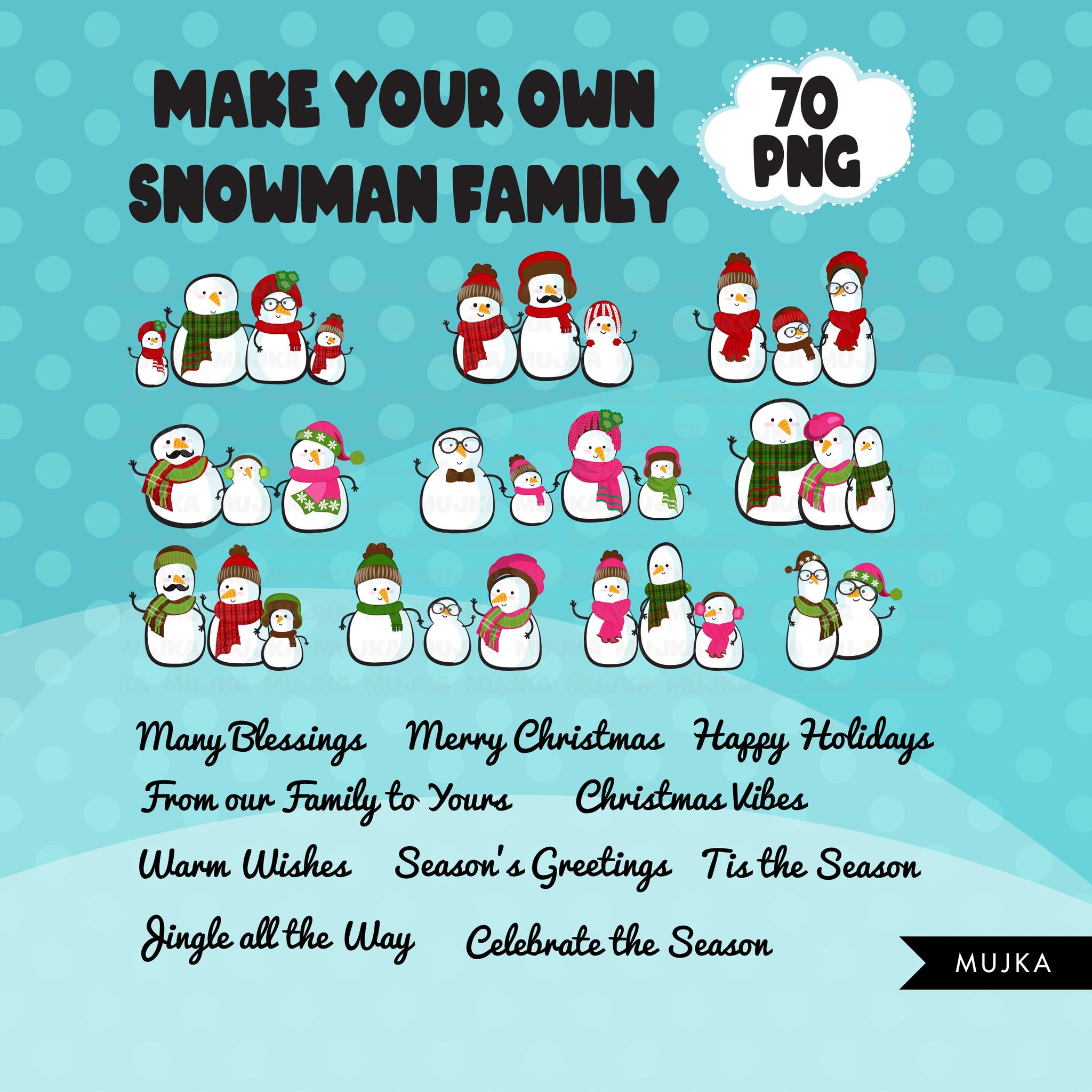Snowman family Png Clipart Bundle, Christmas custom family portraits, Create your own stickers, cute snowman digital designs, sublimation