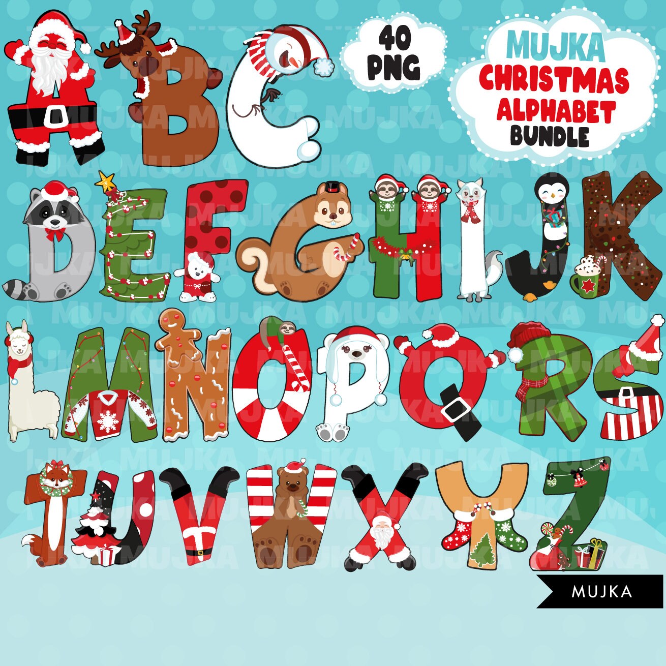 Paquete de imágenes prediseñadas PNG del alfabeto de Navidad, letras de números navideños lindos, gráficos de sublimación, fuente de sublimación de Santa, paquete alfa de Navidad
