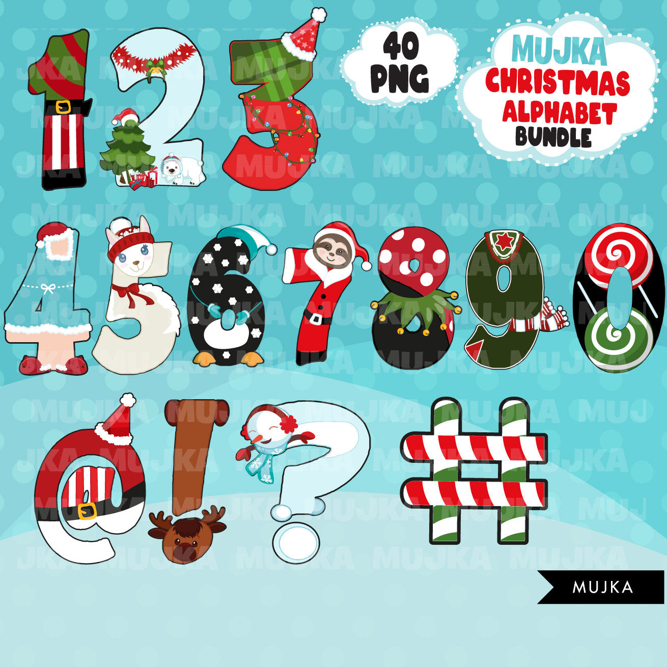 Christmas Alphabet PNG Clipart Bundle, Cute Christmas numbers letters, sublimation graphics, Santa Sublimation Font, Xmas Alpha Bundle