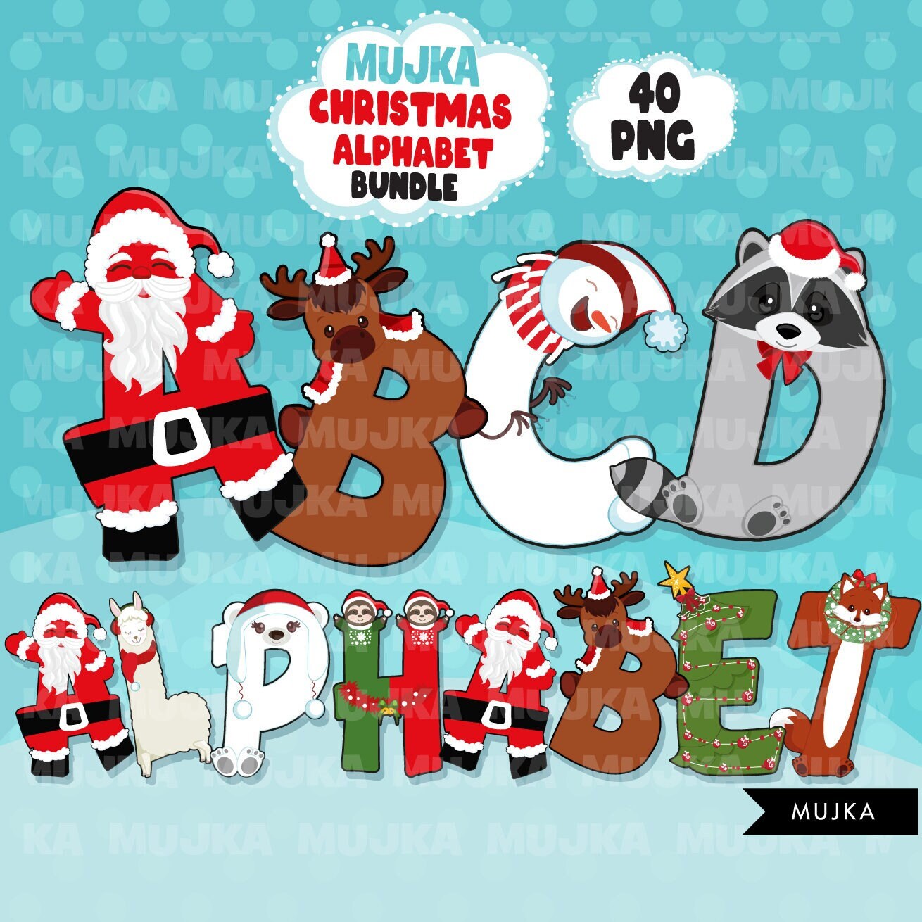 Paquete de imágenes prediseñadas PNG del alfabeto de Navidad, letras de números navideños lindos, gráficos de sublimación, fuente de sublimación de Santa, paquete alfa de Navidad