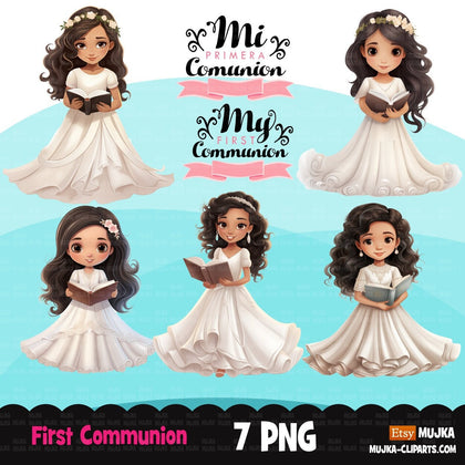 First Communion Clipart for Girls, Mi Primera Comunion PNG, bible, communion banner, Catholic religious Latina girls, digital stickers art