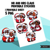 Black Santa Christmas Stickers, printable Christmas, African American Mrs. Claus digital stickers, Santa clipart, Santa PNG, cute Kawaii art