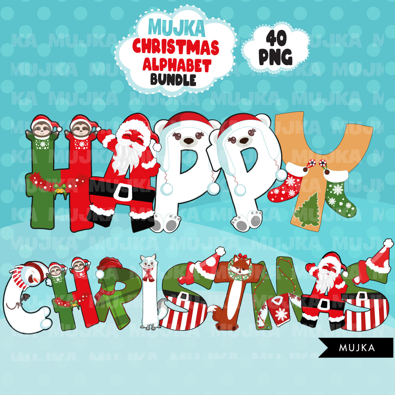 Christmas Alphabet PNG Clipart Bundle, Cute Christmas numbers